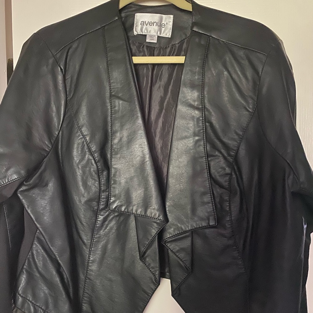 Avenue black drape front crop faux leather jacket.